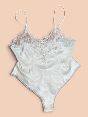 Vintage 80s Christian Dior Teddy Bodysuit Ivory Satin Floral Lace Lingerie S M
